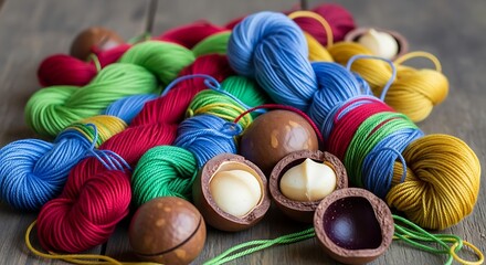 Colorful Yarn and Macadamia Nuts Still Life.