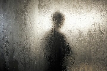 Shadowed Mystery: A silhouette of a figure obscured by the blurred and textured glass, evoking a sense of mystery and introspection in a stark, evocative composition.