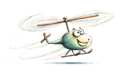 A doodle helicopter with a happy grin and a propeller that's a blur of motion, isolated on a Transparent Background
