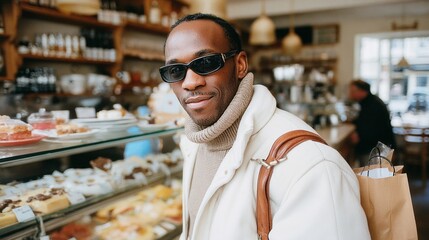 Man in sunglasses enjoys time in a cozy bakery with a variety of pastries on display