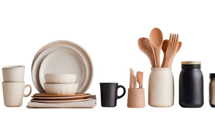Cream and taupe ceramic dinnerware and utensils, displayed on a linen cloth