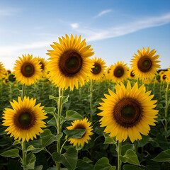 Obraz premium Vibrant sunflower field in full bloom under blue sky