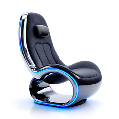  futuristic black and silver recliner chair with blue lighting, isolated on white