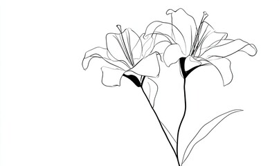 Elegant black-line drawing of two lilies.  Delicate, flowing lines depict flower petals and stems.  Simple, graceful botanical illustration against a stark white background