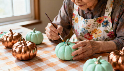 Elderly woman painting a small pumpkin with a paintbrush on a checkered tablecloth near a window