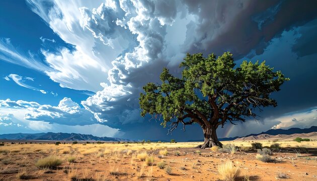Dramatic desert landscape with lone tree and stormy clouds