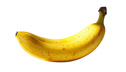 A single, ripe yellow banana with brown freckled spots, slightly curved, depicted against a black background.  The banana shows subtle highlights and shadows suggesting a three-dimensional form
