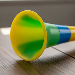 Vibrant Vuvuzela on Wooden Table: Colorful Musical Instrument Close-Up