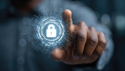 A person's finger touches a glowing, holographic lock icon surrounded by circuit-board-like patterns