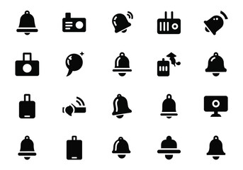 Collection of black notification bell icons and other simple icons isolated on a, representing alerts and communication