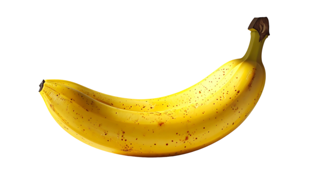 A single, ripe yellow banana with brown freckled spots, slightly curved, depicted against a black background.  The banana shows subtle highlights and shadows suggesting a three-dimensional form