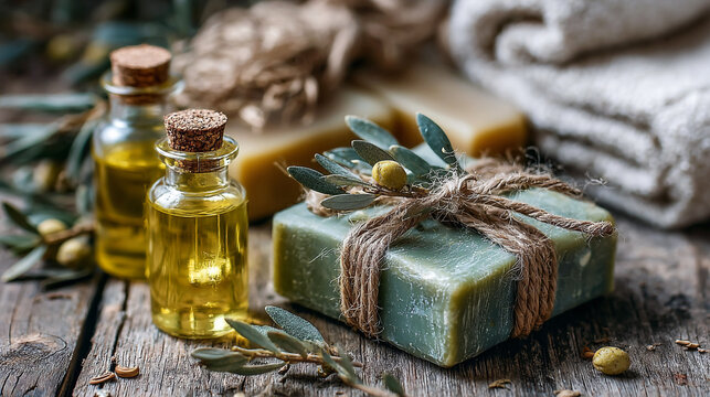 Still life of olive oil bottles and soaps on wooden surface with towel in the background