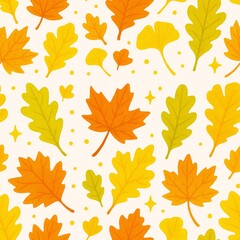Vibrant autumn leaf seamless pattern featuring various shapes and colors, including orange, yellow, and green leaves, creating cheerful and warm atmosphere