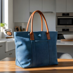 Stylish blue bag on a modern kitchen table