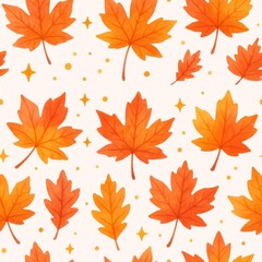 Vibrant maple leaves in shades of orange create seamless pattern, evoking beauty of autumn. design features various leaf shapes and scattered golden accents, perfect for seasonal decor