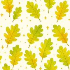 Bright and cheerful oak leaf seamless pattern featuring various shades of green and yellow leaves on light background, creating lively and fresh atmosphere