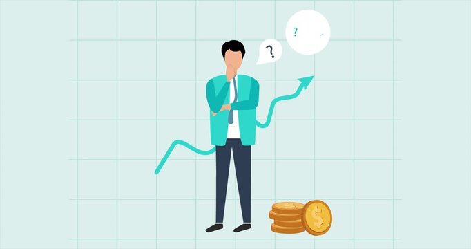 Businessman thinking about funds with question mark in 4k illustrated animation