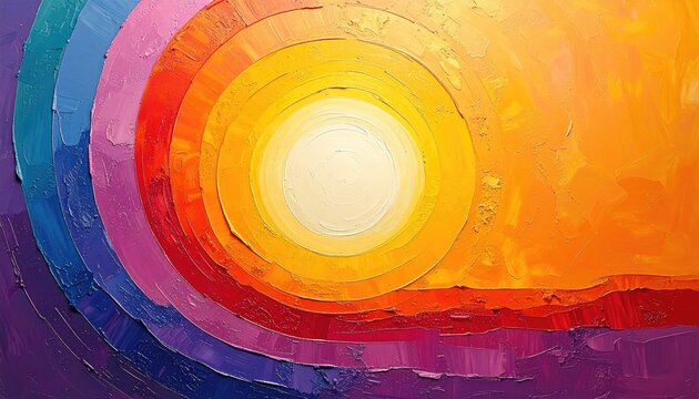 Abstract vibrant painting of concentric circles, showcasing a spectrum of colors, from blues and purples to oranges and yellows, culminating in a central white sun