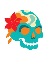 Stylized skull with colorful patterns and a red flower