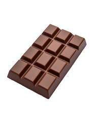 A rich, dark brown chocolate bar, rectangular, segmented into twelve square pieces, glossy, smooth surface, slightly angled