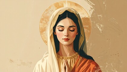 Serene depiction of the Virgin Mary with a gentle halo, rendered in a minimalist poster style with muted earth tones