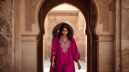 Obraz premium Woman with dark hair and warm brown skin wearing a vibrant pink traditional Moroccan takchita outfit adorned with intricate gold embroidery, walking through a historic stone archway with ornate 