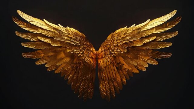 A pair of golden angel wings sit on a dark, mysterious background