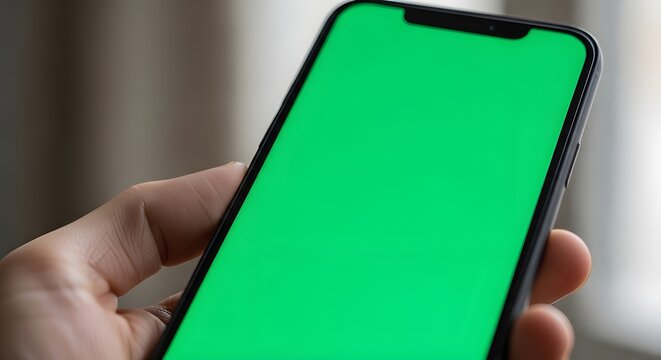 Close-up of smartphone with green screen in human hand for app and UI mockup