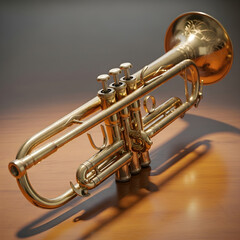 Close-up of a vintage brass trumpet on wooden surface