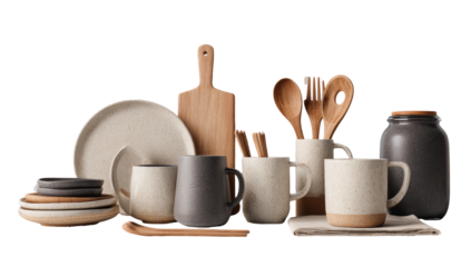 Assorted kitchenware in muted tones.  Wooden cutting board, utensils, mugs, plates, and jars.  Neutral color palette