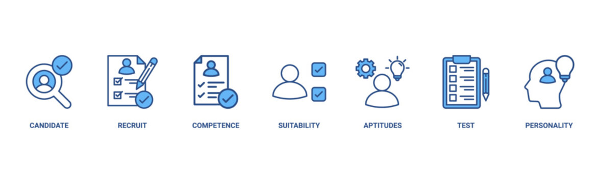 Assessment center banner web icon vector illustration concept for personal audit of human resources with icon of user candidate, recruit, competence, suitability, aptitudes, test and personality