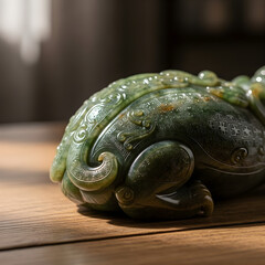 An intricate jade xenotrupe sculpture captures ancient craftsmanship, resting on a rustic wooden table. Soft light reveals detailed carvings, showcasing cultural history in stunning detail.