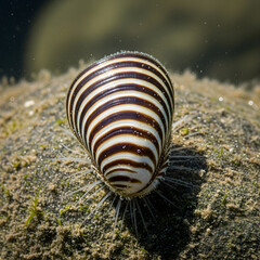 Close-up of a zebra mussel on a rocky surface in freshwater