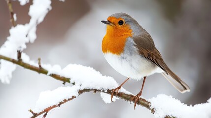 European Robin Perched on Snow-Covered Branch During Winter, Waiting for Spring to Arrive Soon.