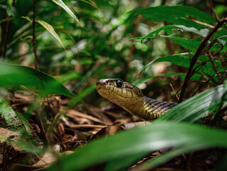 Fototapeta premium Green snake hidden among lush tropical foliage in a dense forest environment with dappled light filtering through the leaves creating a natural habitat.