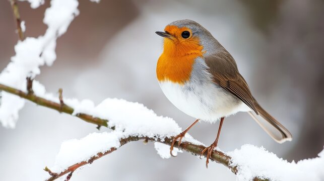 European Robin Perched on Snow-Covered Branch During Winter, Waiting for Spring to Arrive Soon. - Powered by Adobe