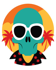 Turquoise alien skull wearing sunglasses and hawaiian shirt