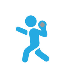 Simple flat design icon of a shot put thrower. A blue pictogram symbolizing the athletic sport of shot putting for competition or training