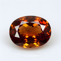 Glistening garnet gemstone on white surface under soft lighting