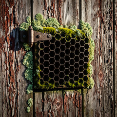A close-up view of a honeycomb hatch on a rustic barn, showcasing intricate details and natural elements. Weathered wood and vibrant moss create a harmonious blend of agricultural history and nature.