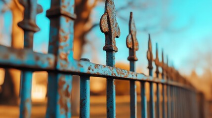 Corroded metal fence up close, with warm sunlight creating a dramatic contrast