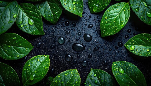 Fresh green leaves with water droplets on dark surface