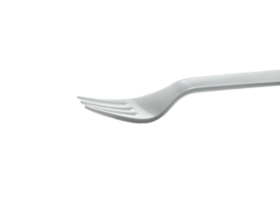 A close-up of a single-use, white plastic fork, slightly curved, showcasing its four tines and smooth handle.  The background is pure black