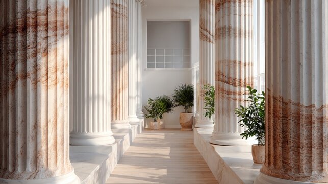 Classic Architecture with Marble Columns and Natural Light in a Bright White Interior