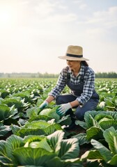 Woman farmer checking cabbage in field. Agriculture and food growing concept on farm. Organic produce harvest cultivation footage