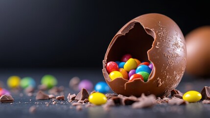 Cracked chocolate egg with colorful candy inside, surrounded by shell fragments, dark background