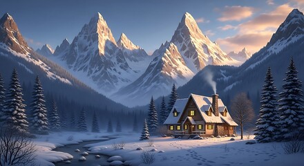 Cozy Cabin nestled in Snowy Mountains at Sunset.