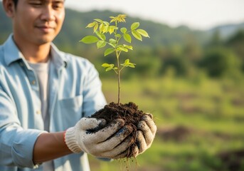 Man holding young tree in hands with soil. Environmental protection and earth day concept. Planting tree for green ecology footage