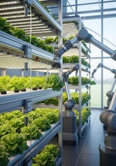 Robotic Arm Harvesting Lettuce in Greenhouse with Hydroponic System Featuring Advanced Technology for Precision Agriculture and Sustainable Food Production in Vertical Indoor Farm with Natural
