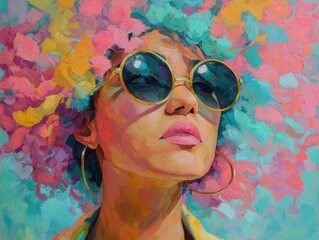 Radiant Aura: A stunning woman, crowned with a vibrant halo of color and adorned with golden eyewear, stares into the distance, reflecting a spirit of vibrant confidence.